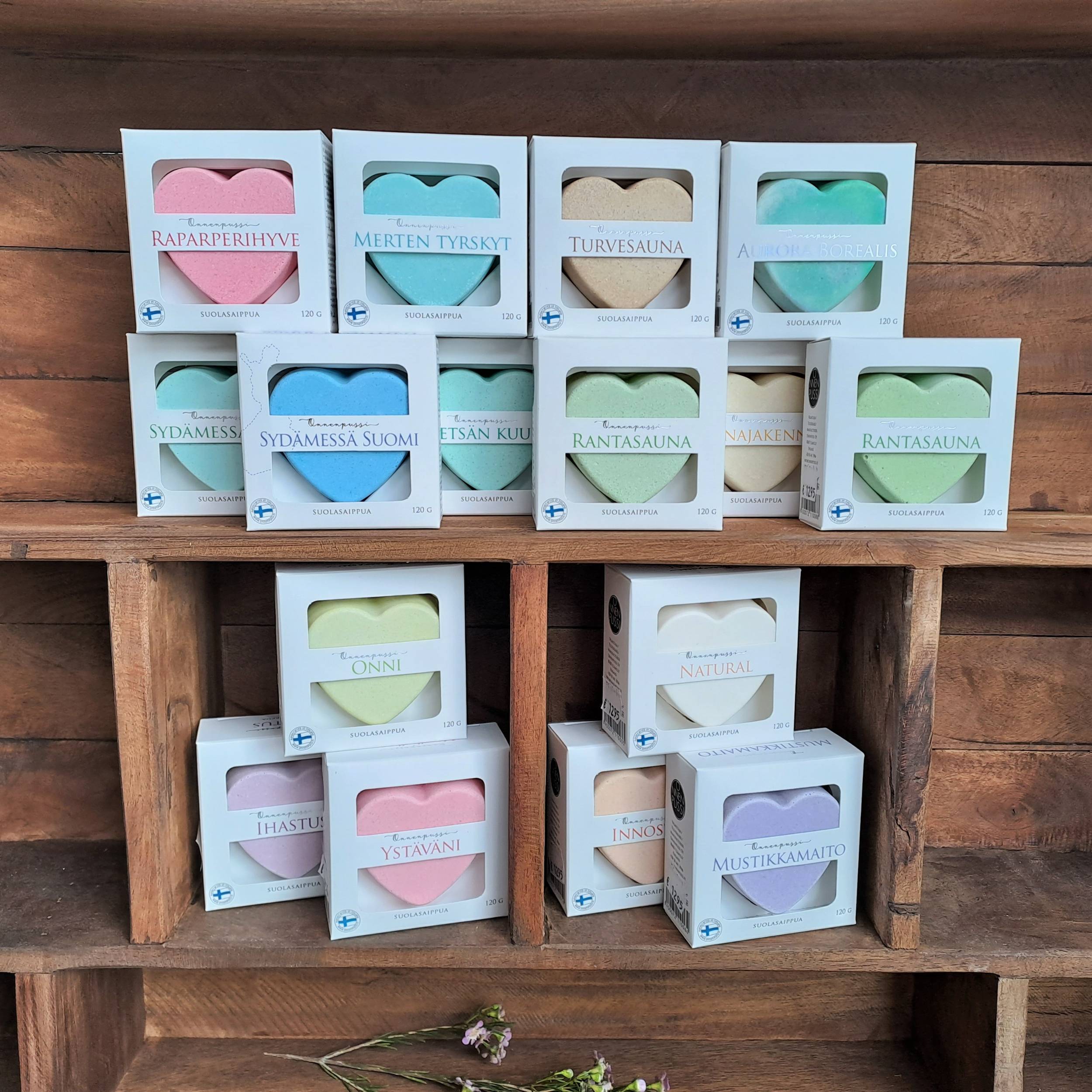 Heart shaped salt soaps in many different colors and scents