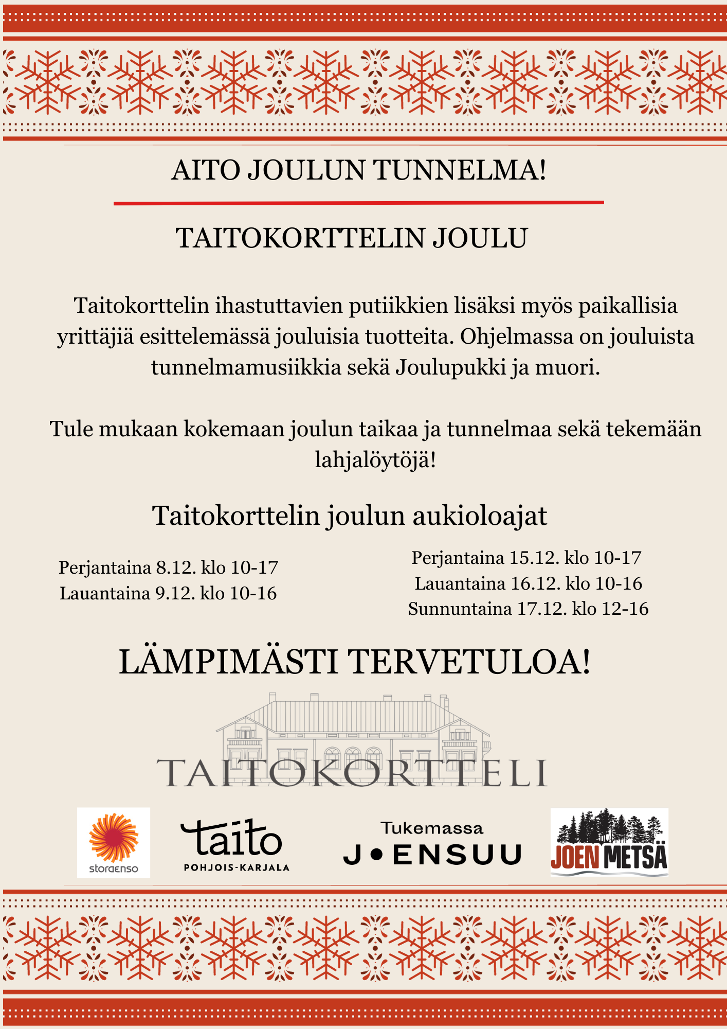 Taitokorttelin Joulun 8.-9.12. ja 15.-17.12. mainosjuliste.