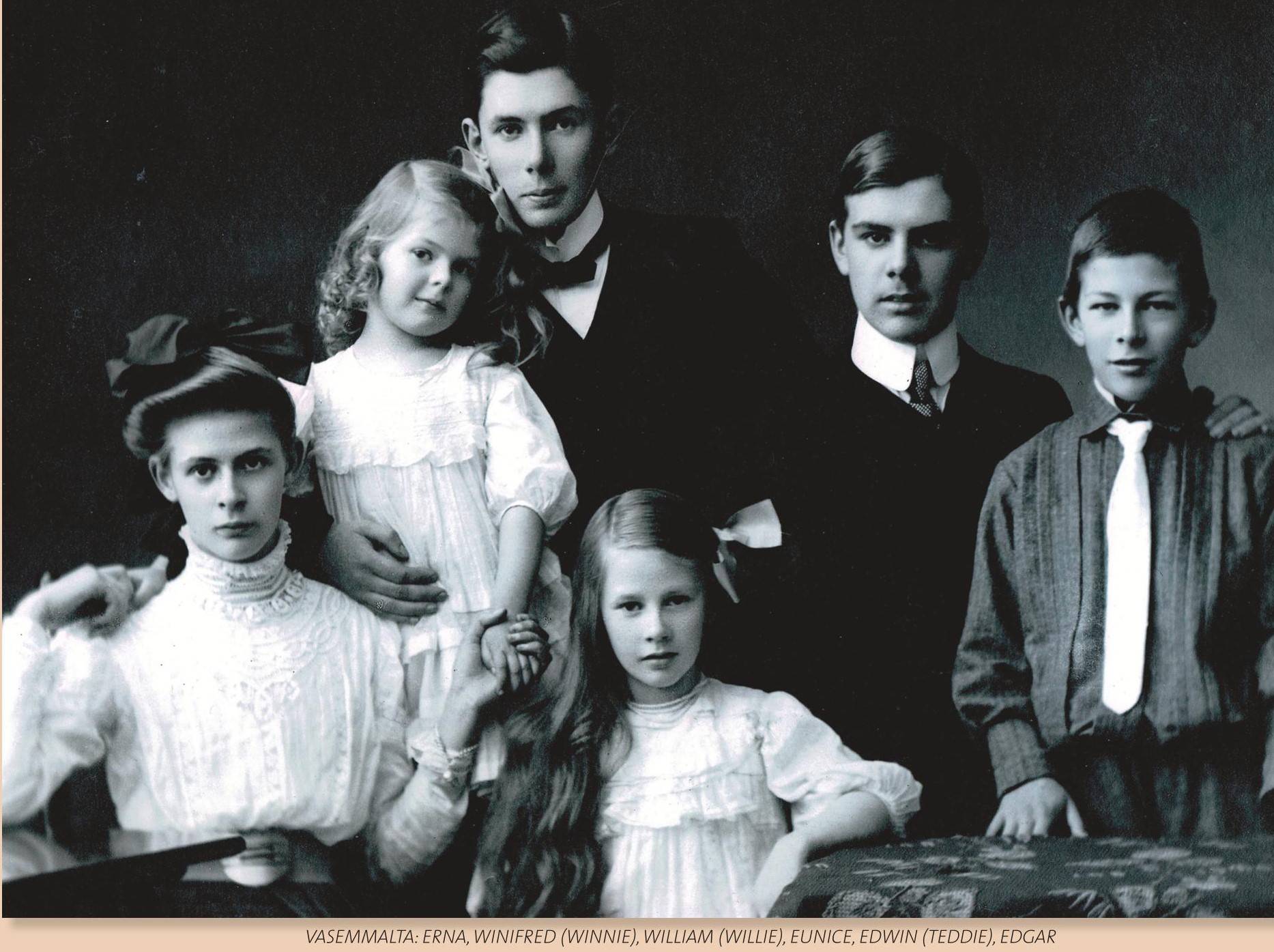 Anna Bamfordin lapset mustavalkokuvassa: Erna, Winifred (Winnie), William (Willie), Eunice, Edwin (Teddie), Edgar