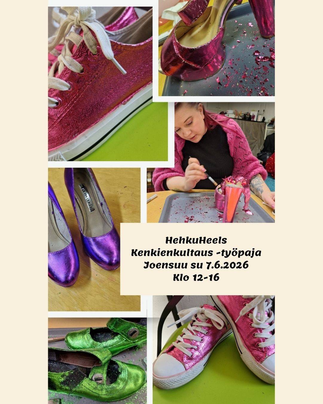 HehkuHeels kullattuja kenkiä eri väreissä sekä kuvia työskentelyvaiheesta