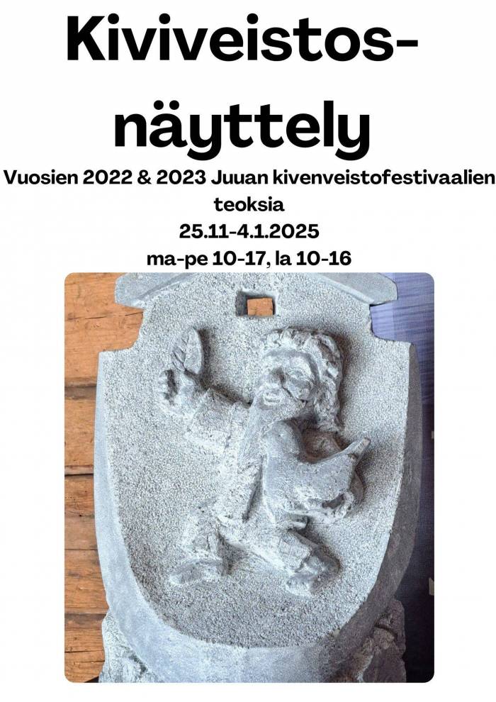 Näyttelyjuliste. Kuva kiviveistoksesta, näyttelyn nimi ja ajankohta