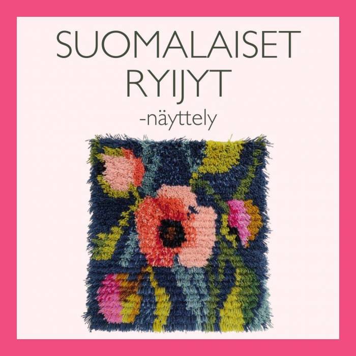 Suomalaiset ryijyt näyttelyjuliste. Kuvassa kaunis kukka-aiheinen ryijy