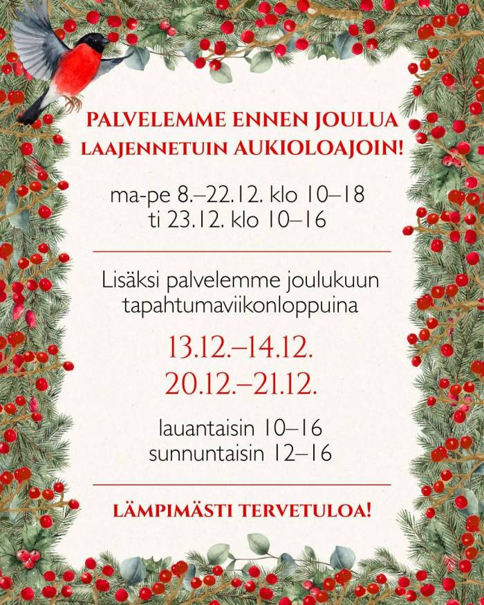 Taitokortteli palvelee joulukuussa 2025: ma-pe 1.–5.12. klo 10–17 la 6.12. suljettu. ma-pe 8.–22.12. klo 10–18 ti 23.12. klo 10–16. Lisäksi palvelemme joulukuun tapahtumaviikonloppuina 13.12.–14.12. ja 20.12.–21.12.