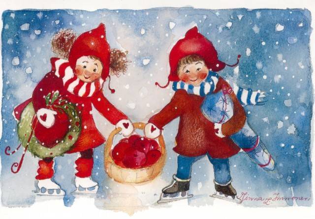 Lapset luistimilla jouluisissa pukimissa